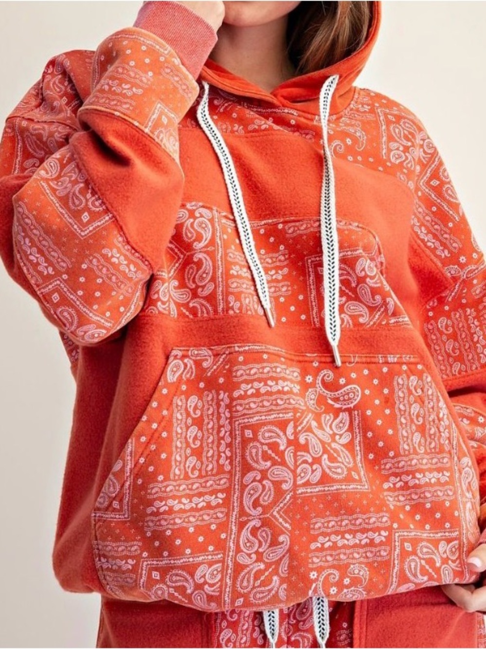 NWT Easel Bandana Print Washed Paisley Hoodie Pullover Sweatshirt Red - Picture 7 of 10
